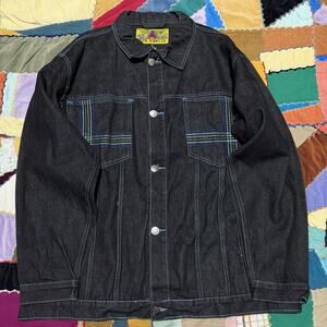 Risk Y2K Blue/Green Embroidered Black Denim Jacket XL